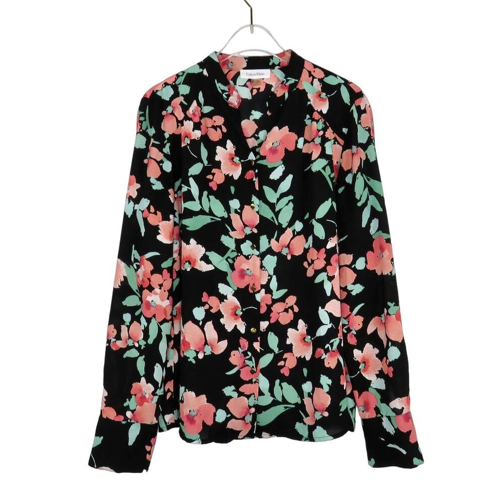 Calvin Klein Floral Button Down Blouse Professional Collared Top Pink Small